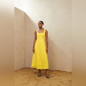 ELEXIAY Yellow Kwara Dress Embroidered Midi Dress NWT Size Medium